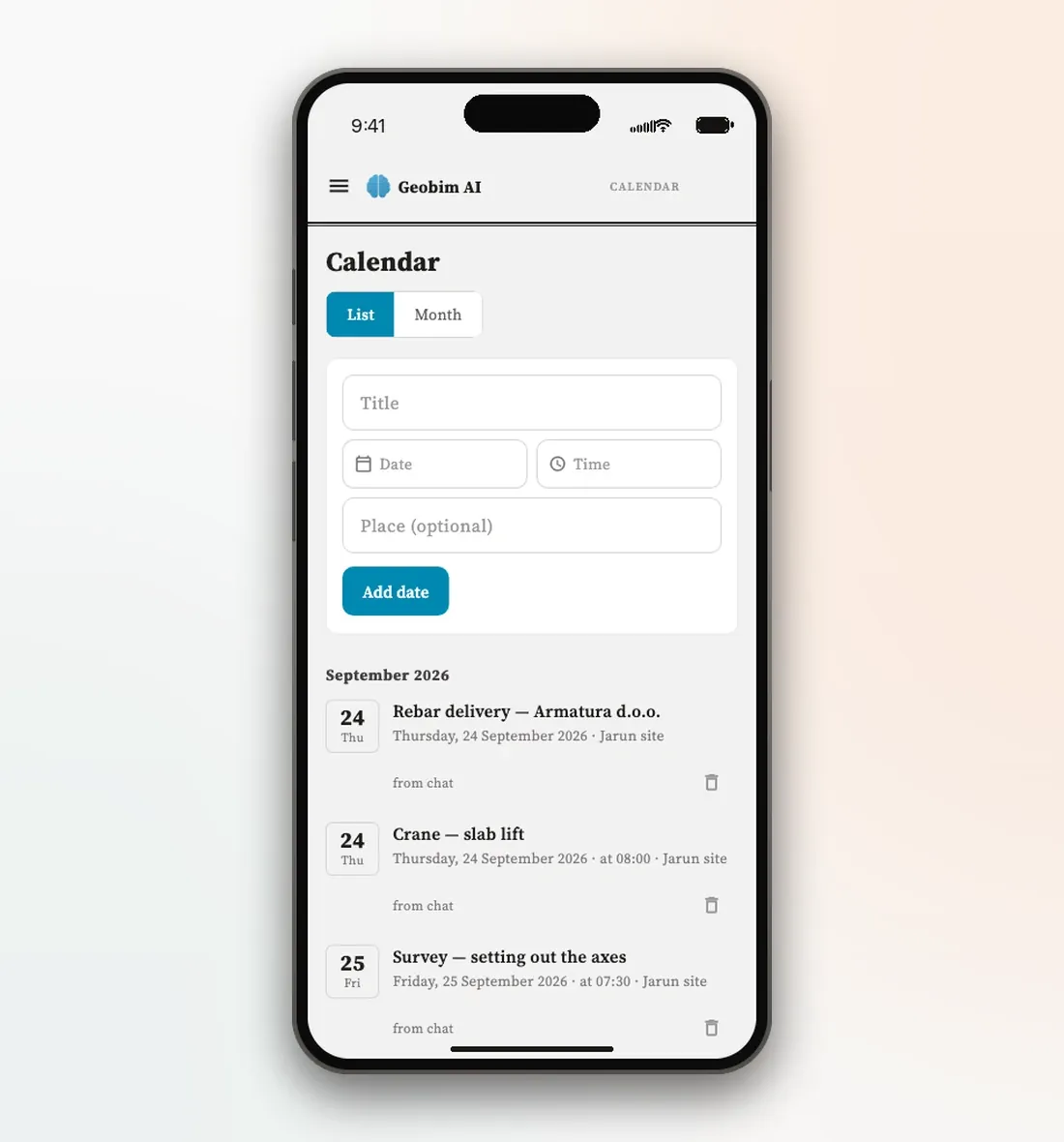 As datas mencionadas na conversa tornam-se entradas de calendário, cada uma ligada à mensagem de origem.